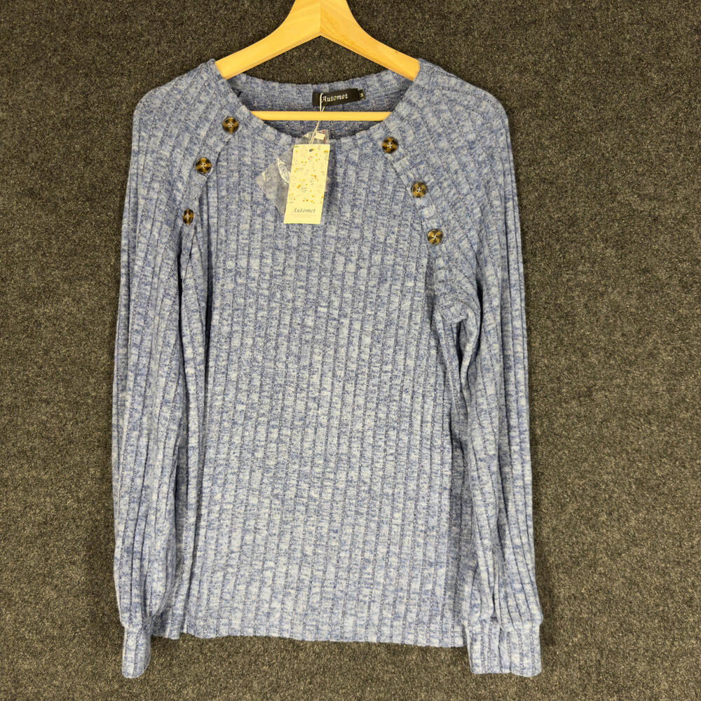 New Automet Sweater Pullover Women M Medium Blue Knit Long Sleeve Button Rayon